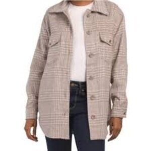 Joie Womens Plaid Button-Front Shacket XS Beige/Gray Wool Blend Lightweight Oute